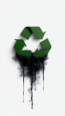 The recycle symbol, with black pollution dripping downwards, representing environmental awareness. 