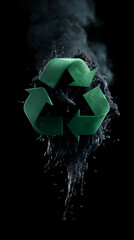 A vibrant recycling symbol surrounded by dark liquid, emphasizing environmental responsibility and sustainability