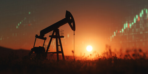 Oil pump jack silhouette against the backdrop of a setting sun, symbolizing energy industry 