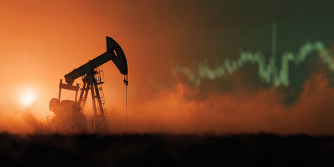 Oil pump silhouette against a vivid sunset with chart of rise and fall