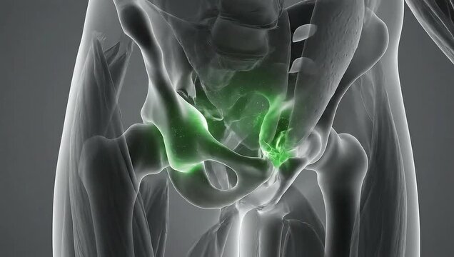 Human pelvis anatomy highlighted with green glow on transparent body.