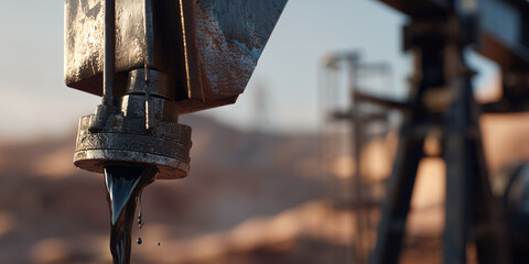 A close-up view of oil extracted from a pumpjack with a blurred backdrop
