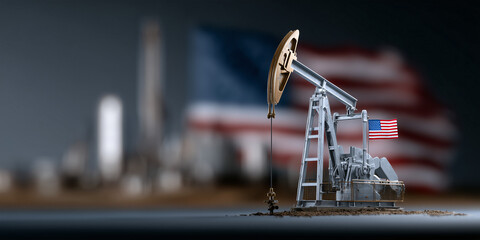 Oil pump with the American flag in the background, symbolizing industry and energy production