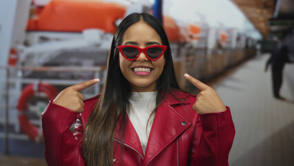 Woman in red sunglasses and jacket smiling confidently on a boat outdoors embracing a playful vibe with her fingers pointing at herself.