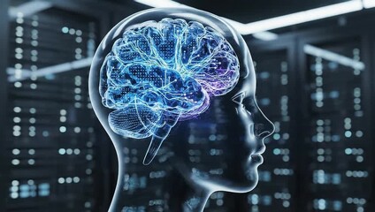 Human Head with Glowing Brain in Dark Server Room. - Powered by Adobe