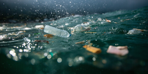 A visual depiction of pollution with plastic bottles floating on the surface of the water, highlighting environmental issues.