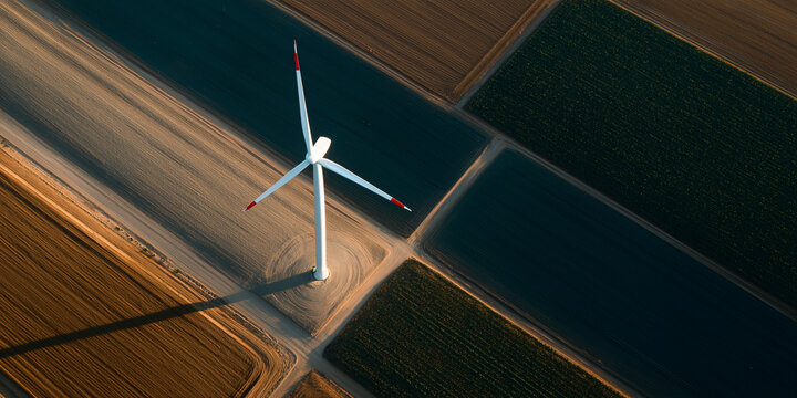 An aerial shot of a wind turbine in a rural setting, emphasizing the scale of renewable energy in the environment. It is set against a backdrop of cultivated fields.
