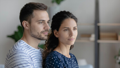 Obraz premium 並んで前を見つめる男女の夫婦 カップル・家族・関係
