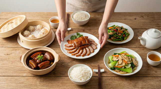 Waiter Serving Traditional Chinese Food Feast on Wooden Table