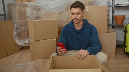Young man unpacking boxes in a new home while checking his smartphone sits on the floor surrounded...