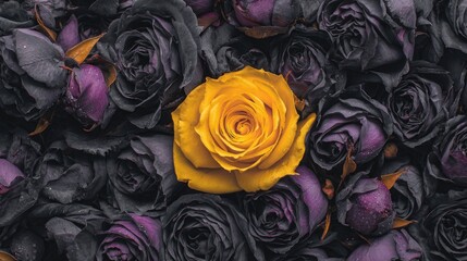 A vibrant yellow rose amidst dried dark roses