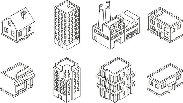 Isometric city building outline vector set, houses offices factories apartments, architectural line illustration isolated on white
