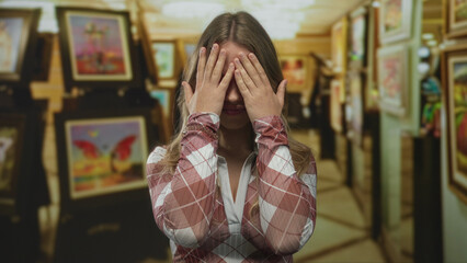 Blonde caucasian woman covers eyes with bare hands in brightly lit modern art gallery; frustration...