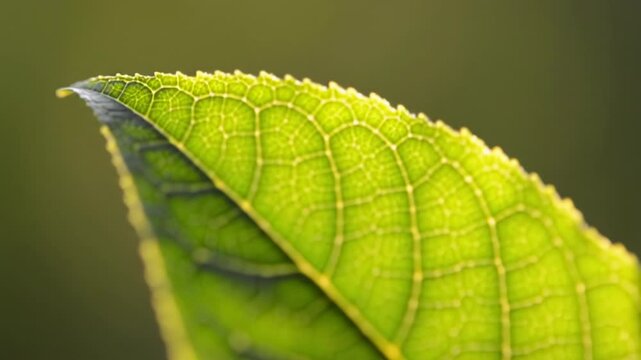 Ultra-slow macro dolly push-in along a vibrant green broadleaf's fractal veins, backlit by golden hour light with creamy bokeh. Concept of intricate natural beauty and harmonious growth