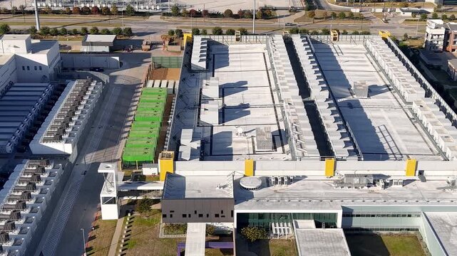 Aerial view of large modern AI or IT data centers in Richardson, Texas New industrial growth in USA.