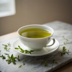 Soothing cup of green tea on marble surface with fresh herbs