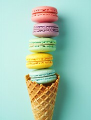 Vibrant macarons stacked on a crispy waffle cone sweetly