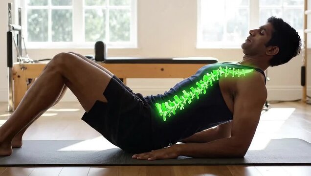 Man performing Pilates exercise on a mat in a studio.