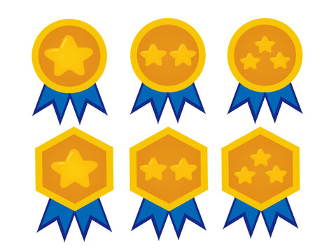 星がついた円型と六角形メダルイラストセット/Circular and hexagonal medal illustration set with stars
