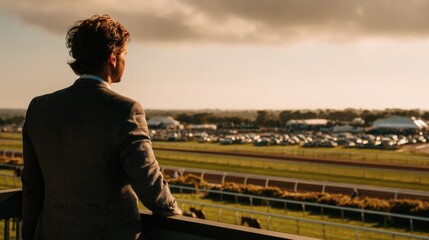 Man in Suit Looking at Race Track Fictional Character Created By Generative AI