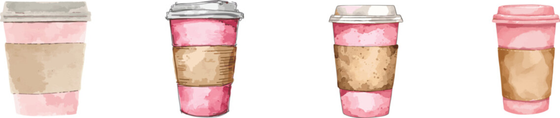 Watercolor Hand Drawn Minimalist Pink Takeaway Coffee Cup Illustration with Brown Paper Sleeve for Cozy Cafe Decor Set. Isolated on white background        