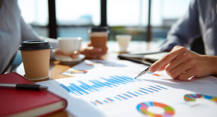 Two individuals share ideas and insights while reviewing data charts in a cozy cafe setting Generative AI