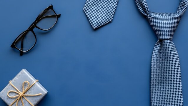 Flat lay of mens accessories blue tie, gift box, and eyeglasses on a solid blue background, top view for fathers day or business concept
