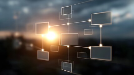 Abstract digital network diagram connecting nodes overlaid on a dramatic sunset or sunrise sky with glowing light