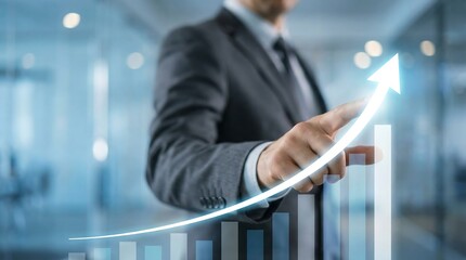 Businessman pointing at a growing graph with an increasing arrow, symbolizing success and growth in a modern office setting.