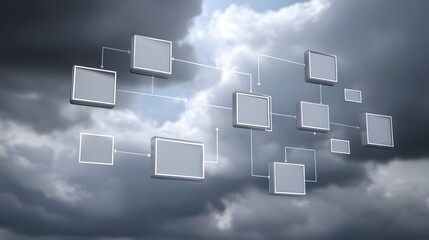 Abstract digital network structure with boxes and arrows floating in dramatic cloudy sky