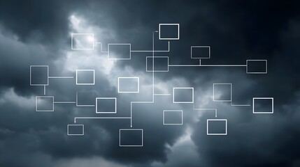 Abstract network diagram with connected boxes and lines overlaid on a dramatic dark cloudy sky representing digital systems or data flow