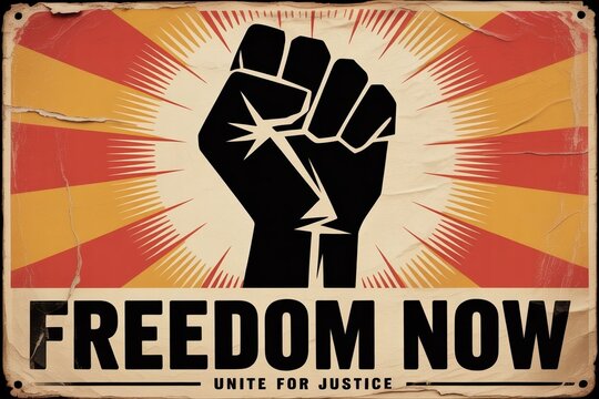 A black silhouette of an outline on red and orange rays, the words "FREE NOW" and the font "UNITE FOR JUSTICE" in the classic 1960s protest poster style, faded colors and distressed edges