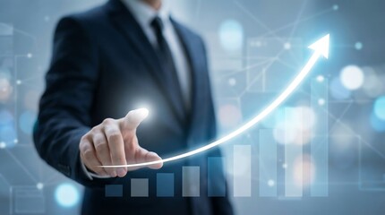 Businessman in a suit interacts with a rising graph and chart, symbolizing growth and success in a modern office setting with a futuristic background.