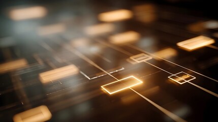 Abstract network grid with glowing orange nodes and connecting lines illuminated by soft warm light