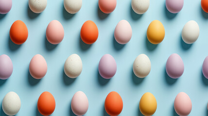Brightly colored eggs form a cheerful pattern on soft blue, inviting spring joy and warmth Generative AI