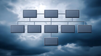 Organizational chart with empty boxes against a stormy cloudy sky representing structure and planning