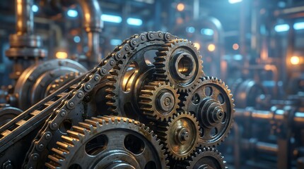 Intricate industrial gears and machinery in a factory setting, showcasing metallic textures and mechanical complexity, evoking a sense of industrial revolution and modern manufacturing processes