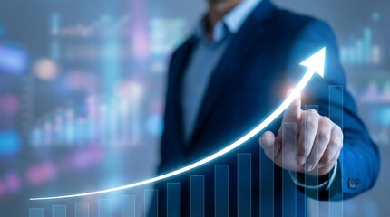 Businessman pointing to a growing graph with an upward trend arrow, symbolizing business growth and success in a futuristic office setting.