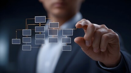 Businessman touching a digital holographic organizational chart symbolizing strategy planning and corporate structure