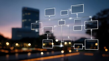 Abstract digital flowchart diagram connecting elements over a blurred urban cityscape at dusk