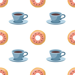 Obraz premium Donut with pink icing and cup of seamless pattern. Cartoon Blue Cup of coffee, tea, hot chocolate, cocoa. Vector wrapping paper design.