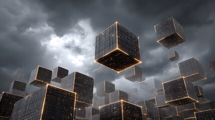 Abstract digital cubes with glowing edges float ominously under a dark stormy sky representing data or network concepts