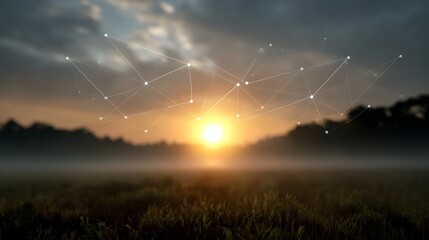 A glowing sunrise emerges through mist over a natural landscape overlaid with a digital network of connections