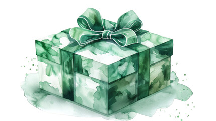 Green gift box watercolor isolated on white background