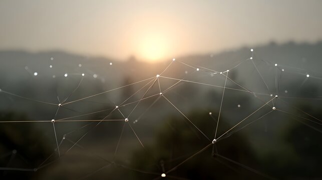 A network of glowing nodes and lines is overlaid on a misty atmospheric landscape at sunrise or sunset - Powered by Adobe