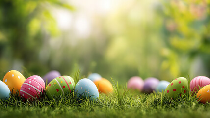 Obraz premium Colorful Easter eggs are scattered on vibrant green grass, joyfully celebrating spring Generative AI