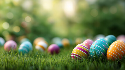 Obraz premium Brightly colored Easter eggs lay scattered on lush green grass, creating a joyful spring scene Generative AI