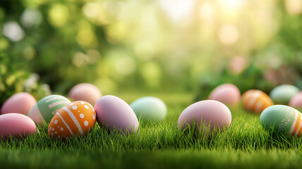 Obraz premium Vibrant Easter eggs rest among fresh green grass, celebrating the beauty of springtime joy Generative AI