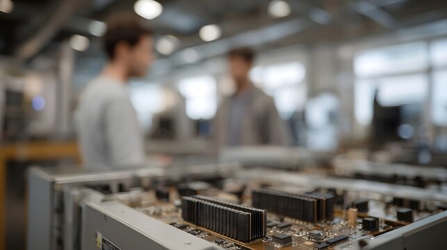 Engineers collaborate around advanced server hardware in a modern technology facility - Powered by Adobe