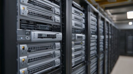 A modern data center filled with rows of computer servers and racks showcasing technological infrastructure